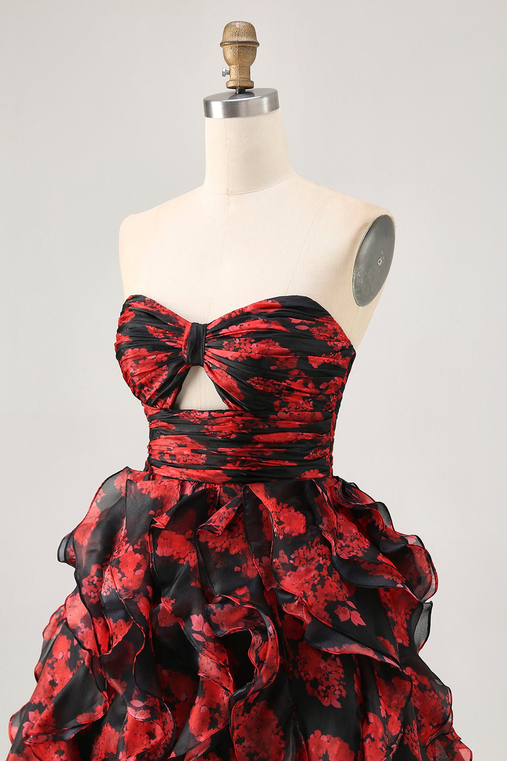 Black Red Strapless Ruffled Printed Cut Out Short Prom Dress