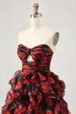 Black Red Strapless Ruffled Printed Cut Out Short Prom Dress