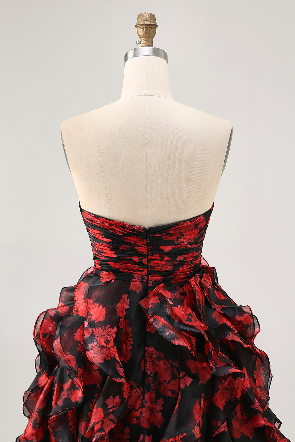 Black Red Strapless Ruffled Printed Cut Out Short Prom Dress