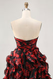 Black Red Strapless Ruffled Printed Cut Out Short Prom Dress