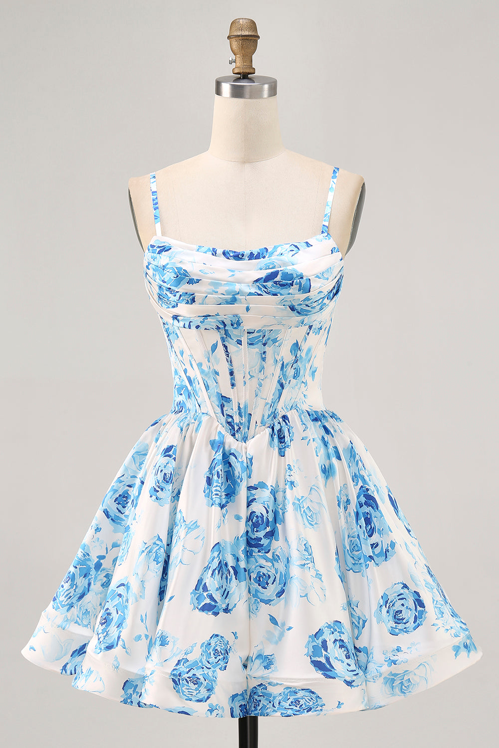 White Blue Flower Printed A Line Corset Cocktail Dress