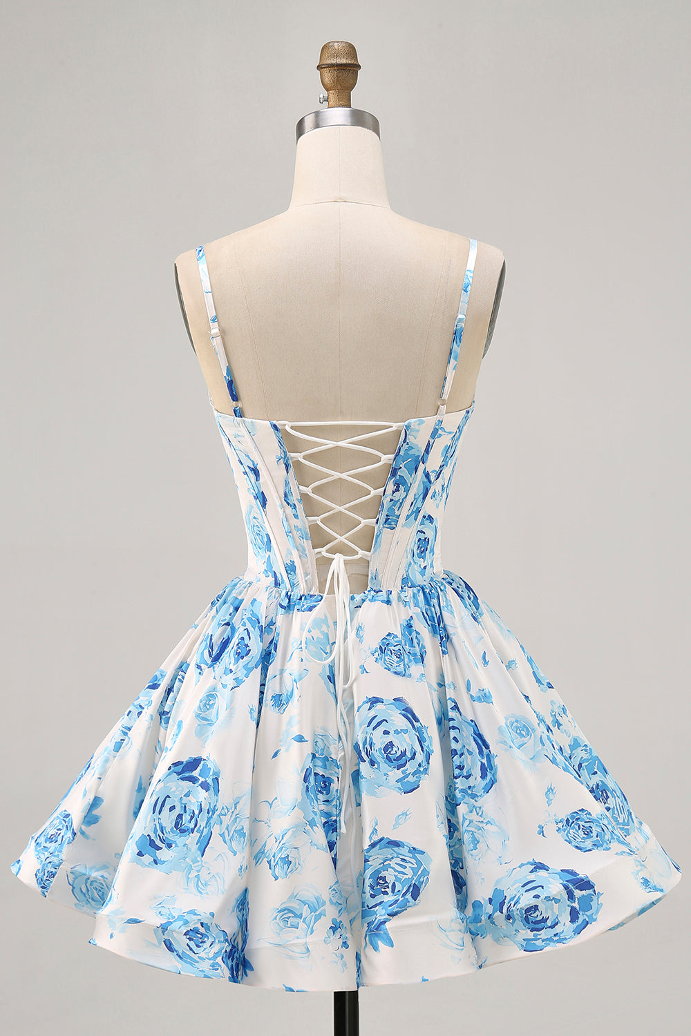 White Blue Flower Printed A Line Corset Cocktail Dress
