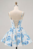 White Blue Flower Printed A Line Corset Cocktail Dress