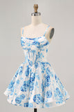 White Blue Flower Printed A Line Corset Cocktail Dress