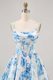 White Blue Flower Printed A Line Corset Cocktail Dress