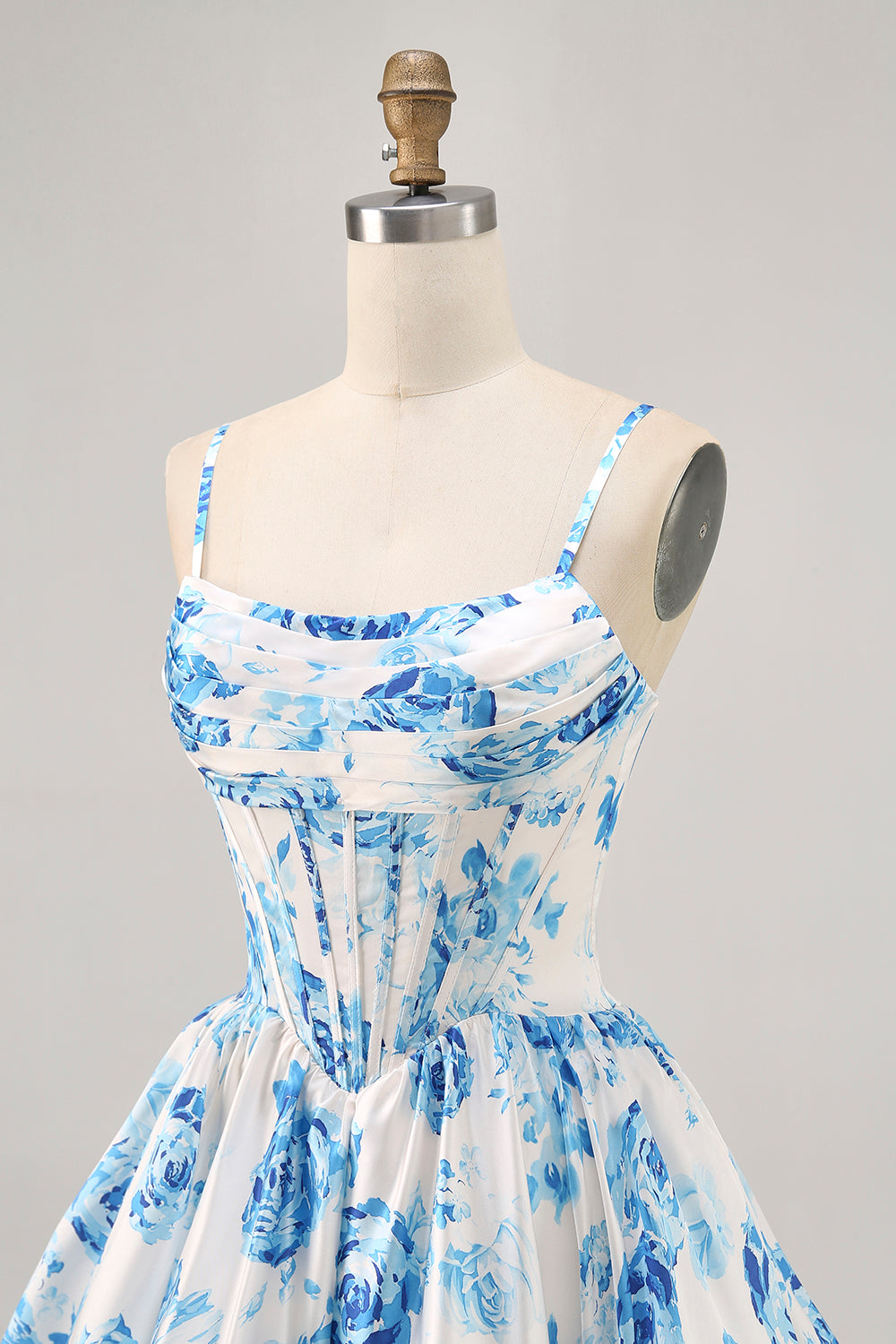 White Blue Flower Printed A Line Corset Cocktail Dress