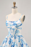White Blue Flower Printed A Line Corset Cocktail Dress