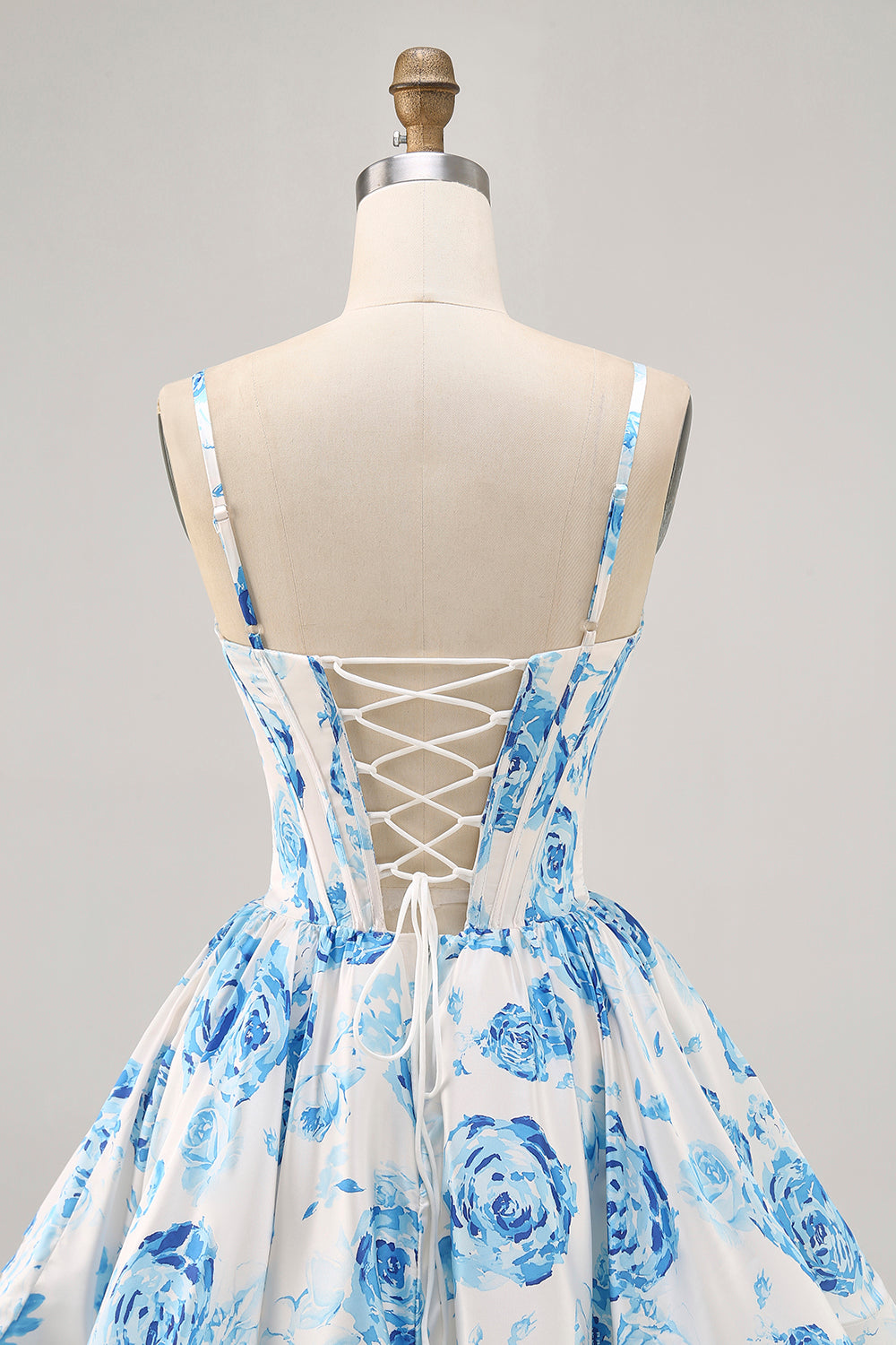 White Blue Flower Printed A Line Corset Cocktail Dress