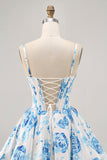 White Blue Flower Printed A Line Corset Cocktail Dress
