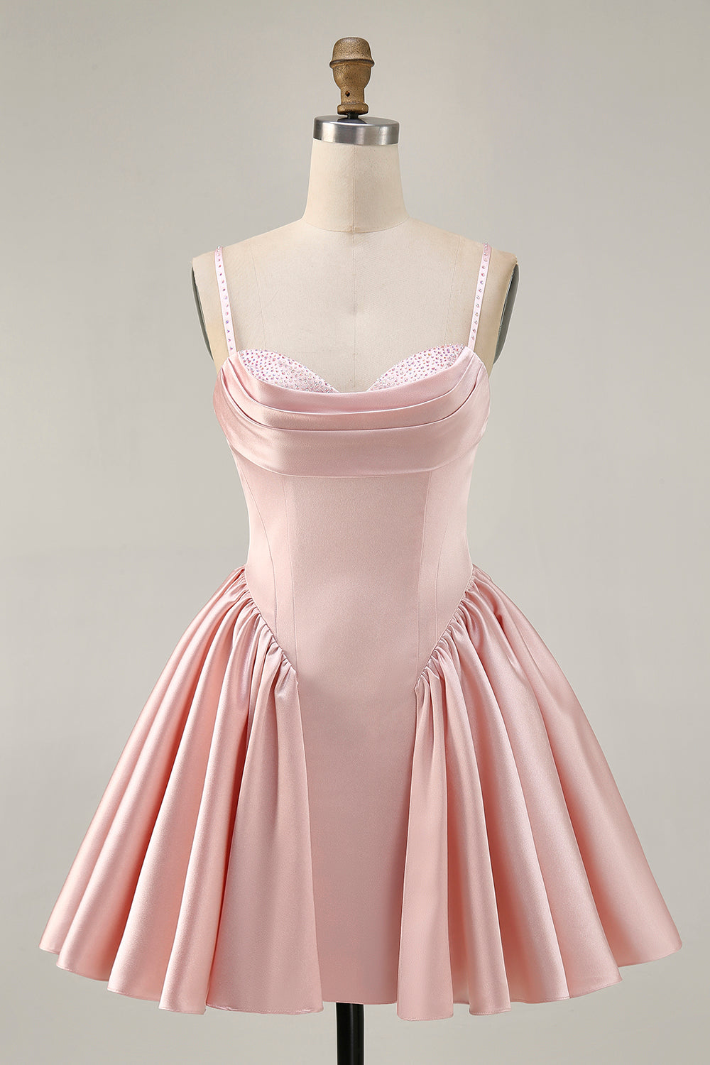Blush Cowl Neck A-Line Spaghetti Straps Beaded Satin Cocktail Dress