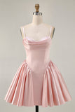 Blush Cowl Neck A-Line Spaghetti Straps Beaded Satin Cocktail Dress