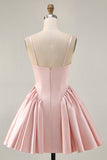 Blush Cowl Neck A-Line Spaghetti Straps Beaded Satin Cocktail Dress