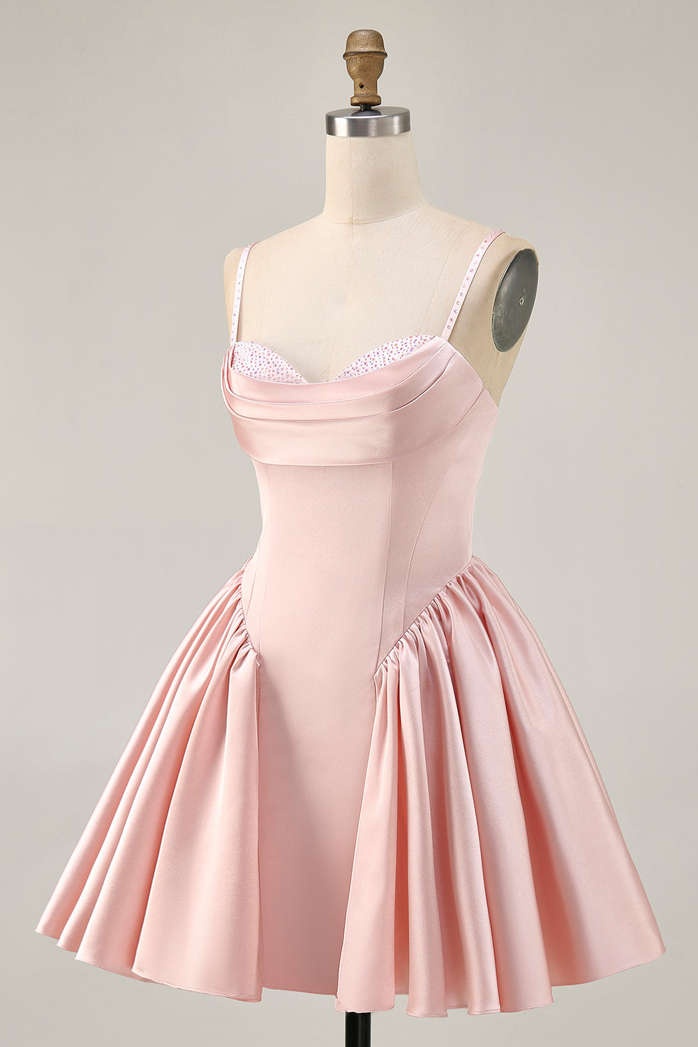 Blush Cowl Neck A-Line Spaghetti Straps Beaded Satin Cocktail Dress