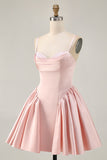 Blush Cowl Neck A-Line Spaghetti Straps Beaded Satin Cocktail Dress