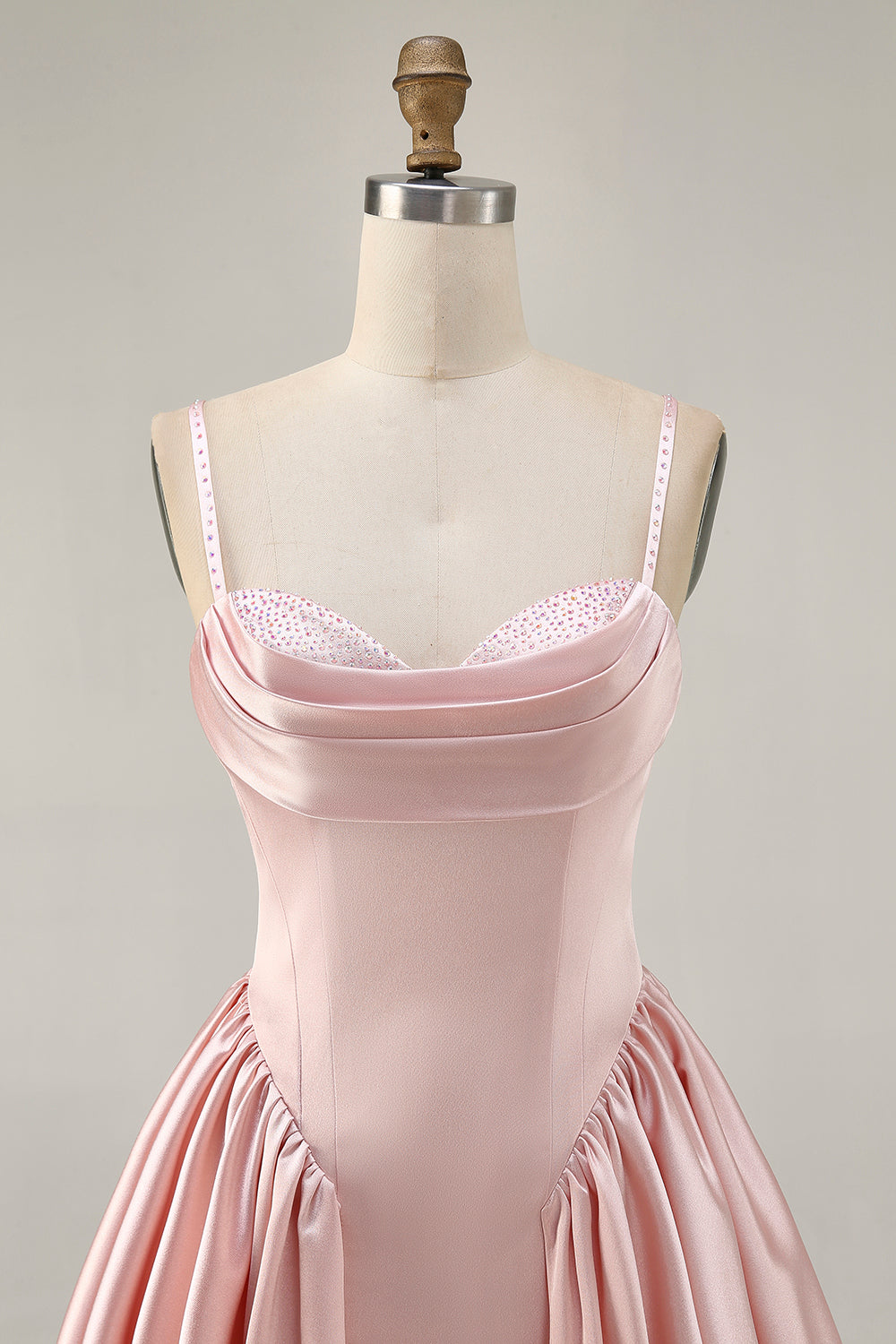 Blush Cowl Neck A-Line Spaghetti Straps Beaded Satin Cocktail Dress