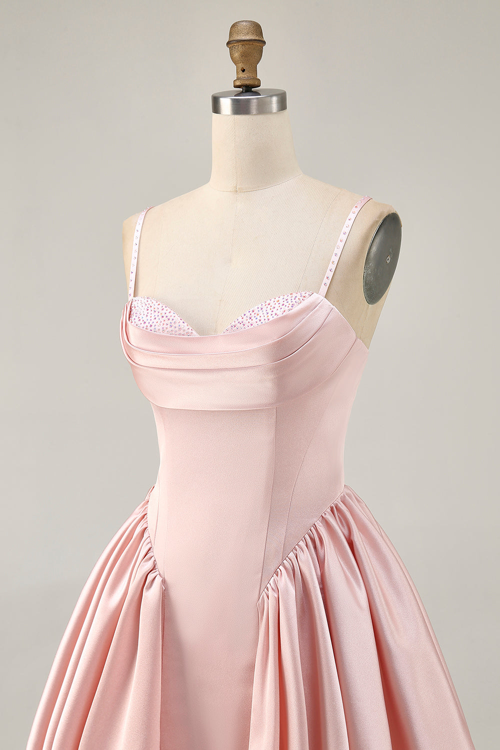 Blush Cowl Neck A-Line Spaghetti Straps Beaded Satin Cocktail Dress
