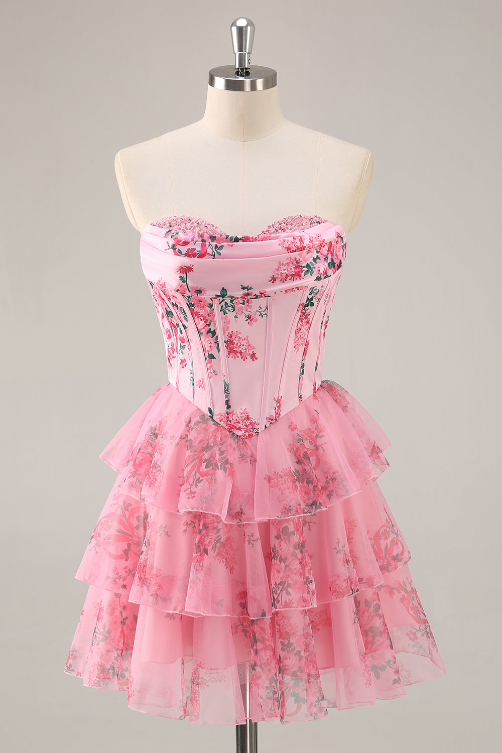 Pink Floral Strapless A-Line Corset Tiered Short Prom Dress