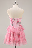 A-Line Strapless Corset Tiered Pink Flower Short Prom Dress