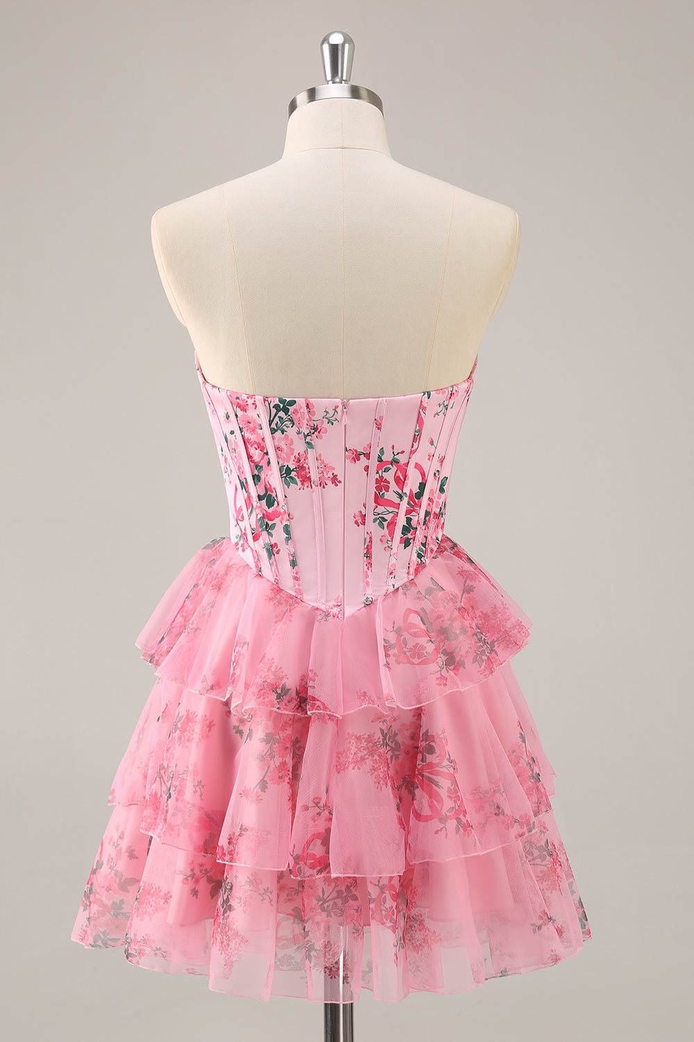 Pink Floral Strapless A-Line Corset Tiered Short Prom Dress