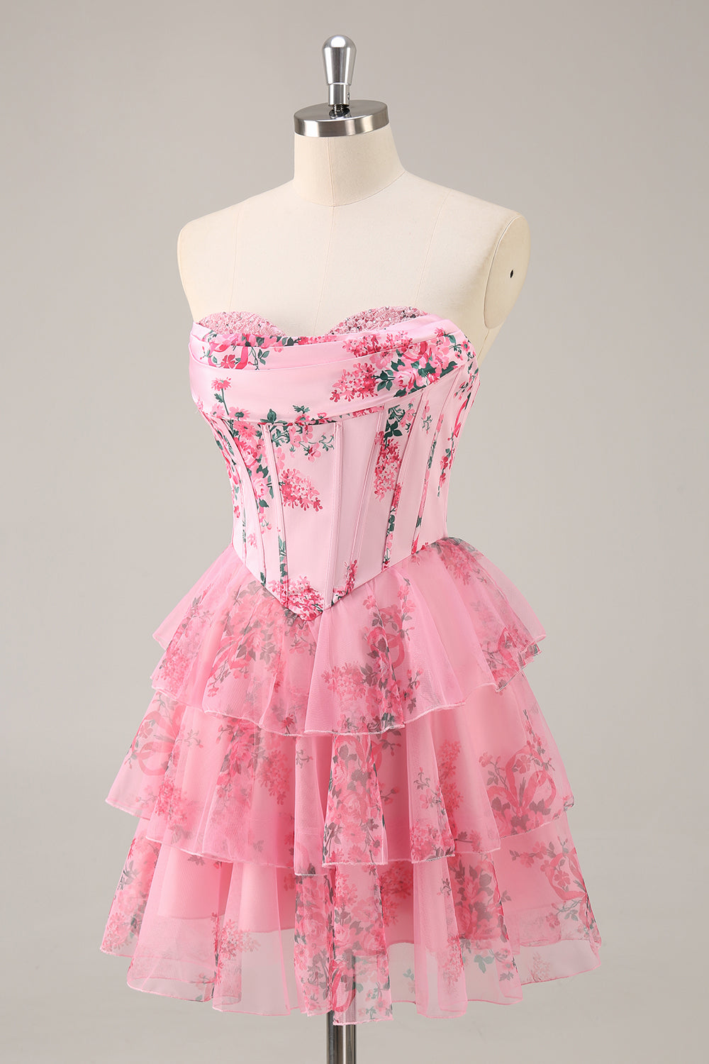 A-Line Strapless Corset Tiered Pink Flower Short Prom Dress