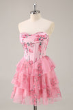 A-Line Strapless Corset Tiered Pink Flower Short Prom Dress