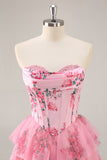 A-Line Strapless Corset Tiered Pink Flower Short Prom Dress