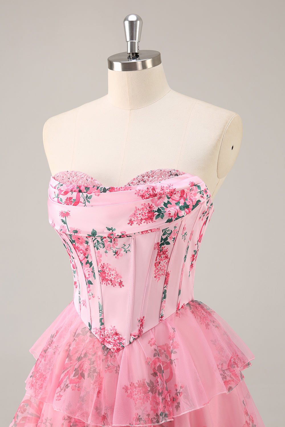 A-Line Strapless Corset Tiered Pink Flower Short Prom Dress