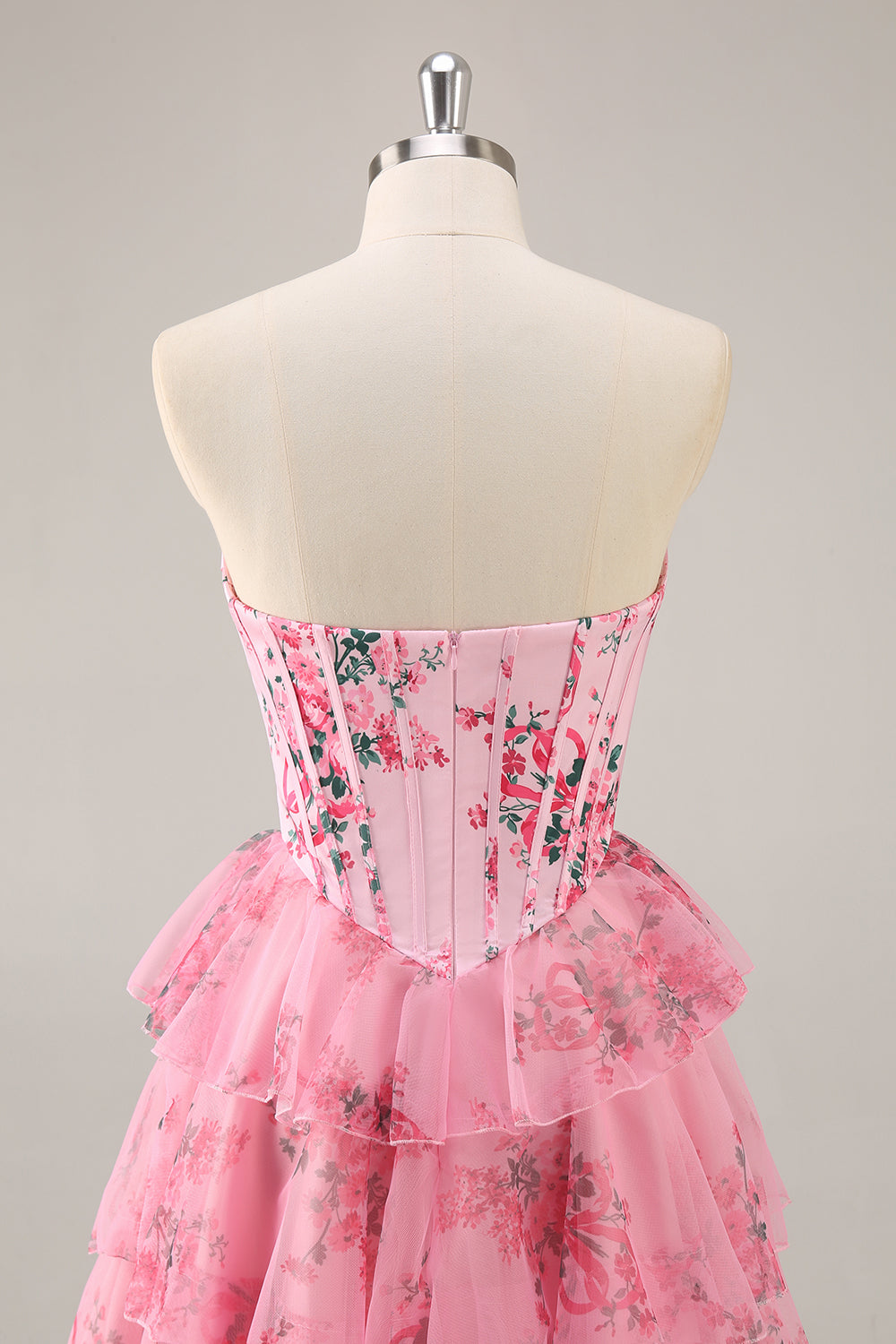 A-Line Strapless Corset Tiered Pink Flower Short Prom Dress