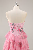 A-Line Strapless Corset Tiered Pink Flower Short Prom Dress