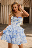 White Blue Flower A-Line Strapless Corset Tiered Short Prom Dress