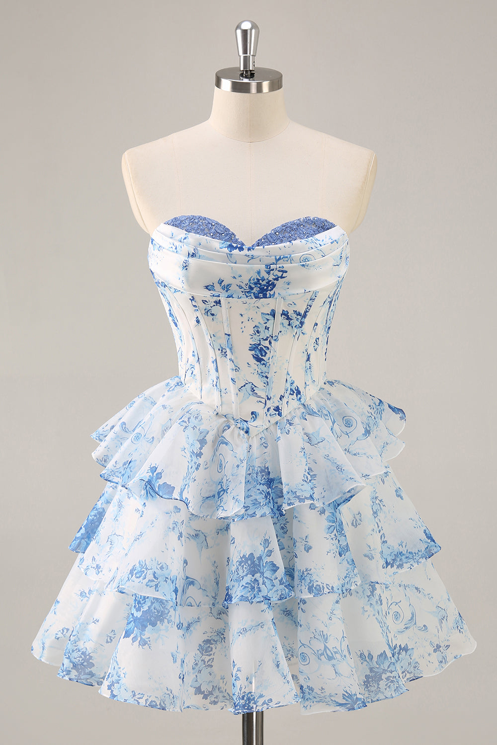 White Blue Flower A-Line Strapless Corset Tiered Short Prom Dress