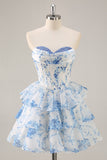 White Blue Flower A-Line Strapless Corset Tiered Short Prom Dress