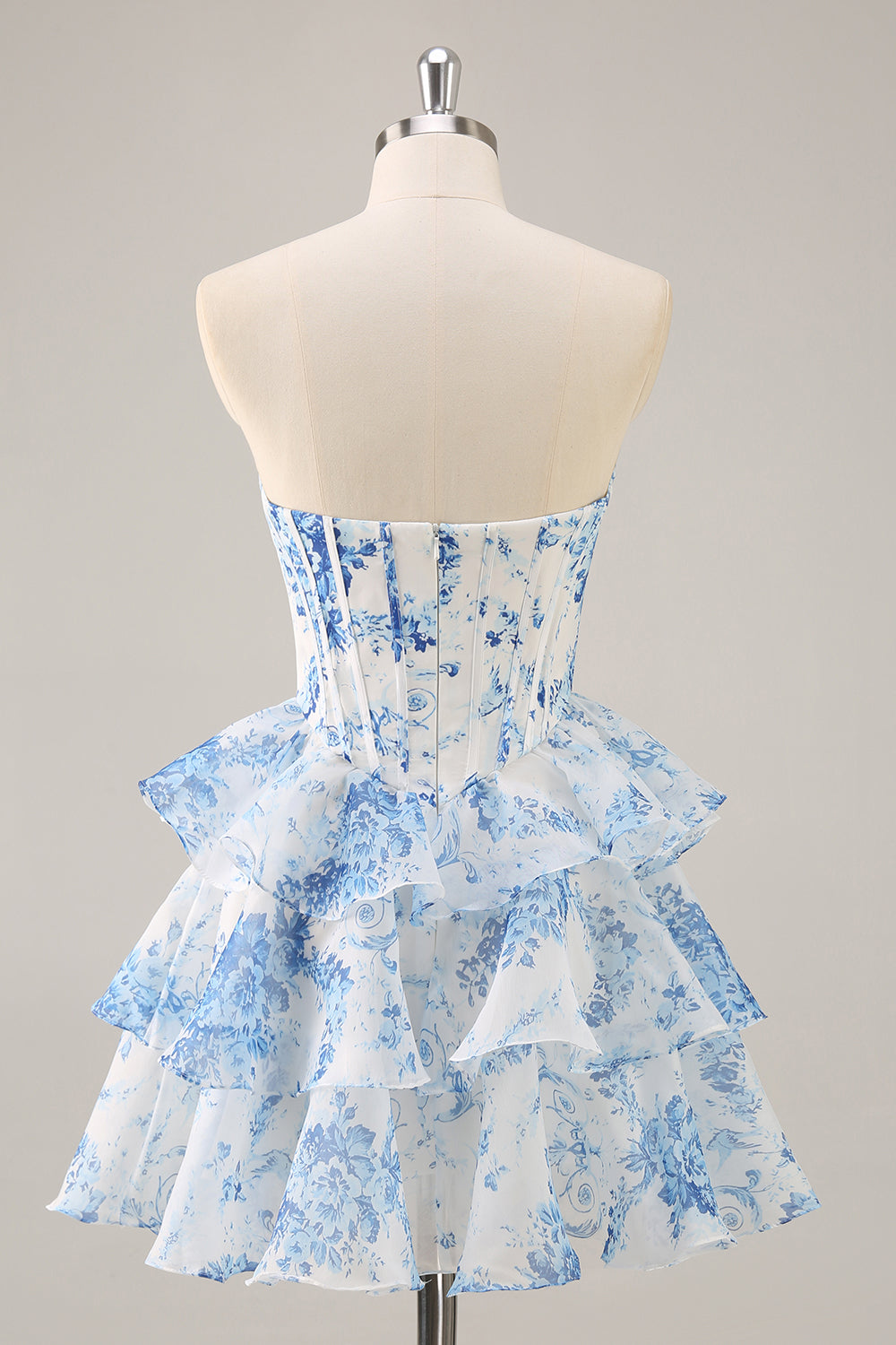 White Blue Flower A-Line Strapless Corset Tiered Short Prom Dress