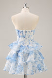 White Blue Flower A-Line Strapless Corset Tiered Short Prom Dress