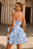 White Blue Flower A-Line Strapless Corset Tiered Short Prom Dress