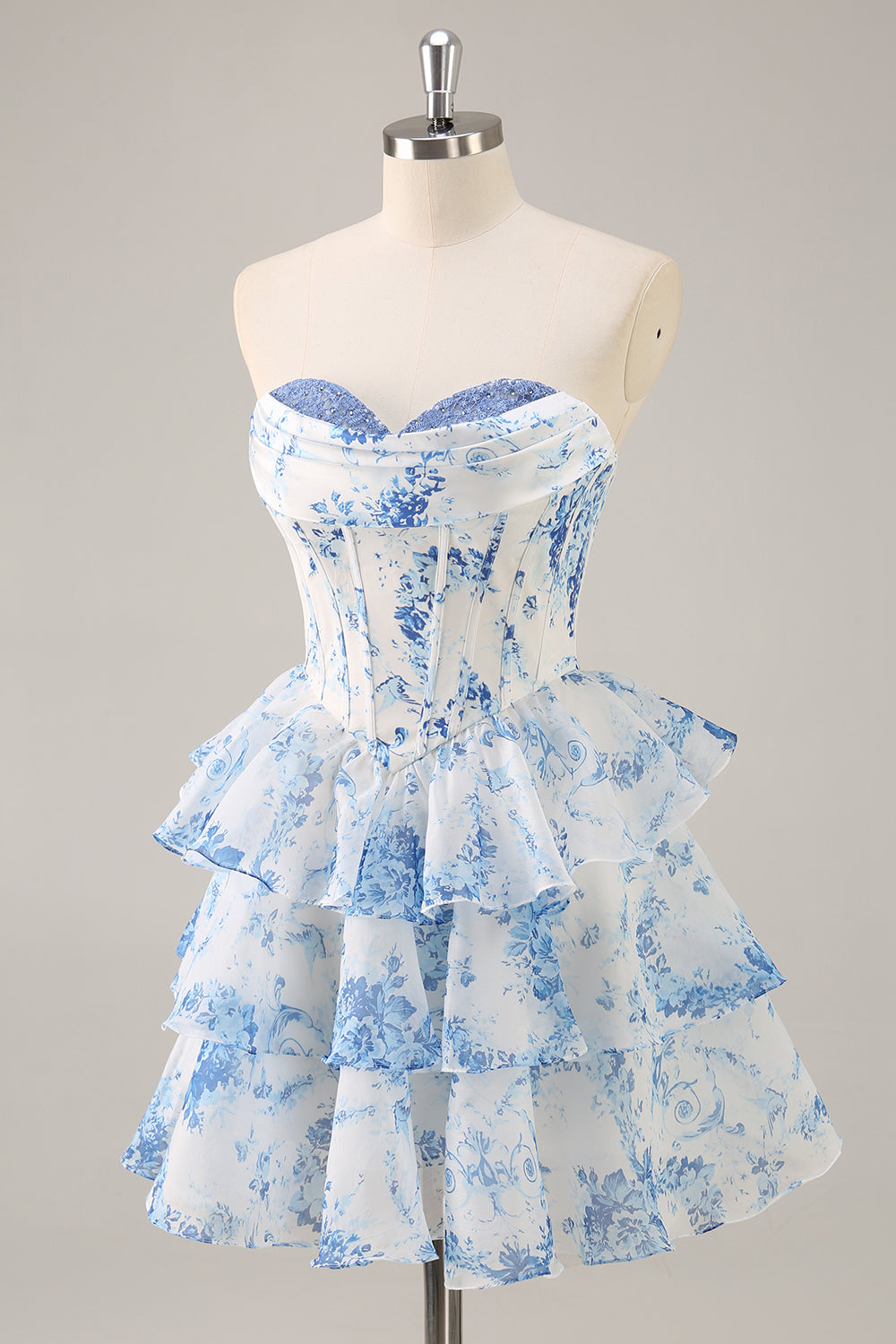 White Blue Flower Corset Tiered Short Prom Dress