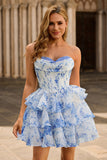White Blue Flower A-Line Strapless Corset Tiered Short Prom Dress