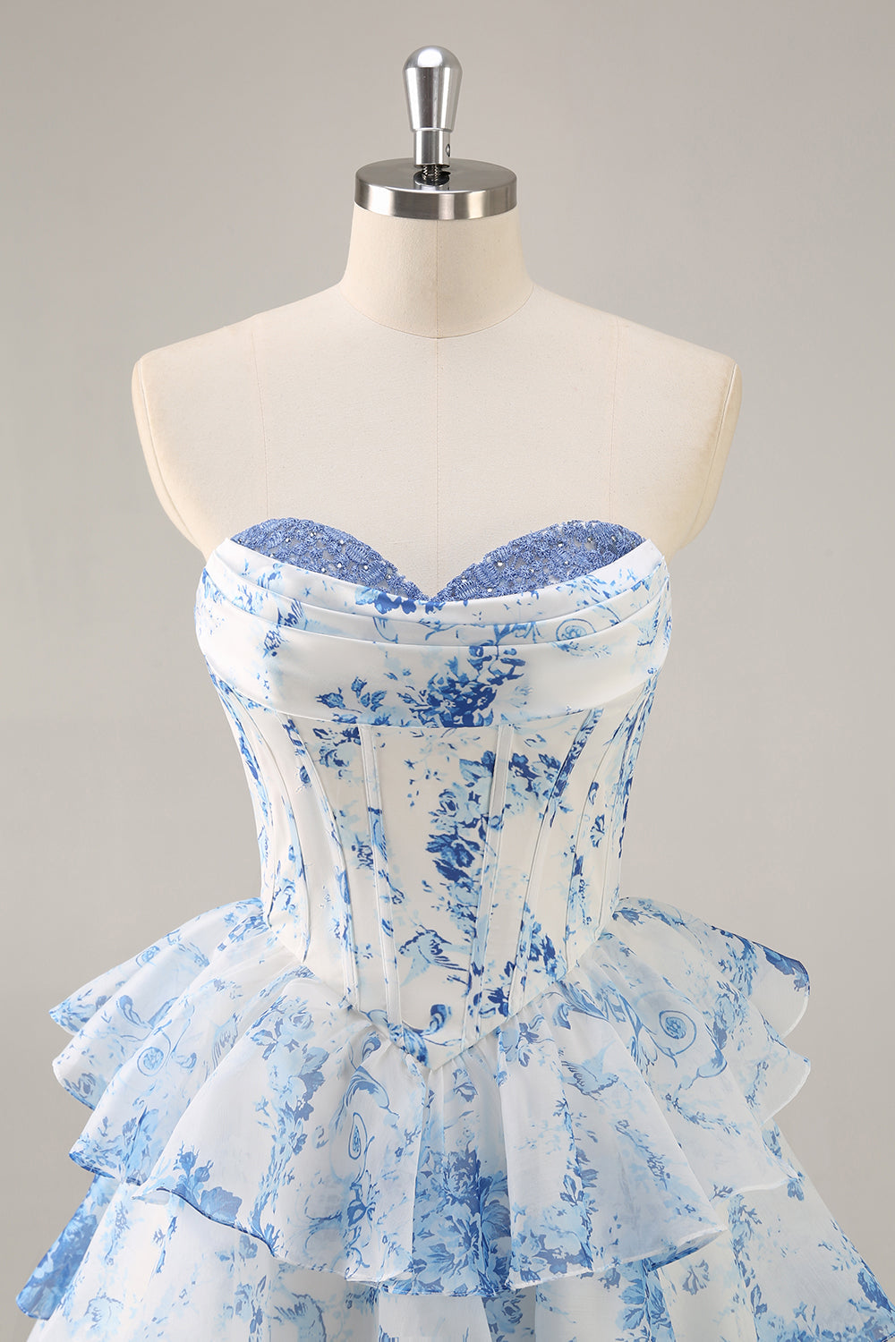 White Blue Flower Corset Tiered Short Prom Dress
