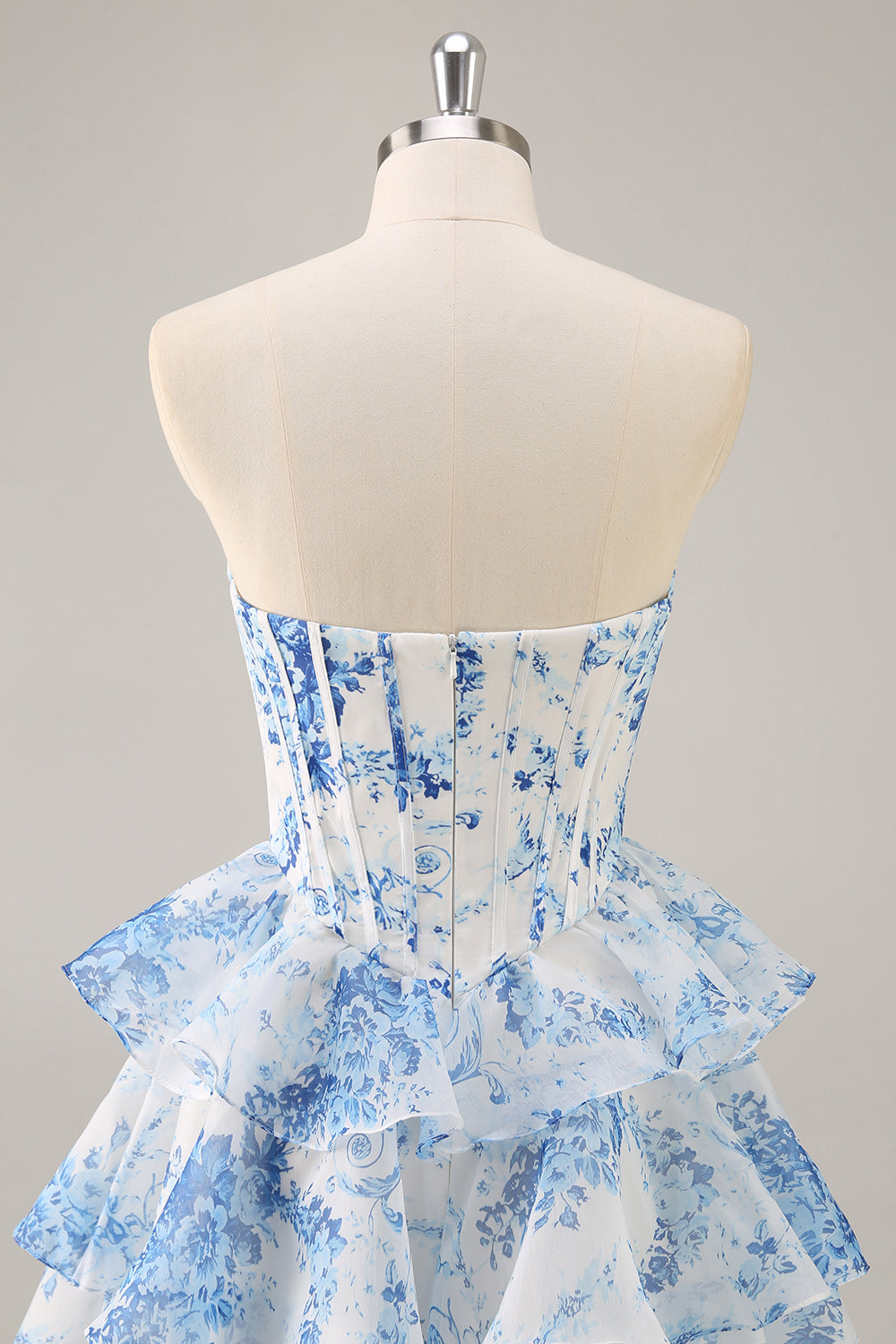White Blue Flower Corset Tiered Short Prom Dress