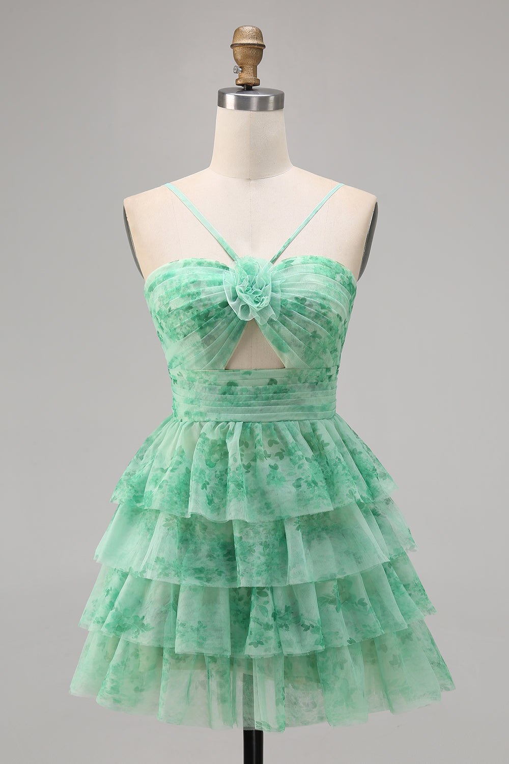 Green Floral Tiered Keyhole A Line Short Prom Dress