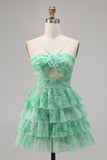 Green Floral Tiered Keyhole A Line Short Prom Dress