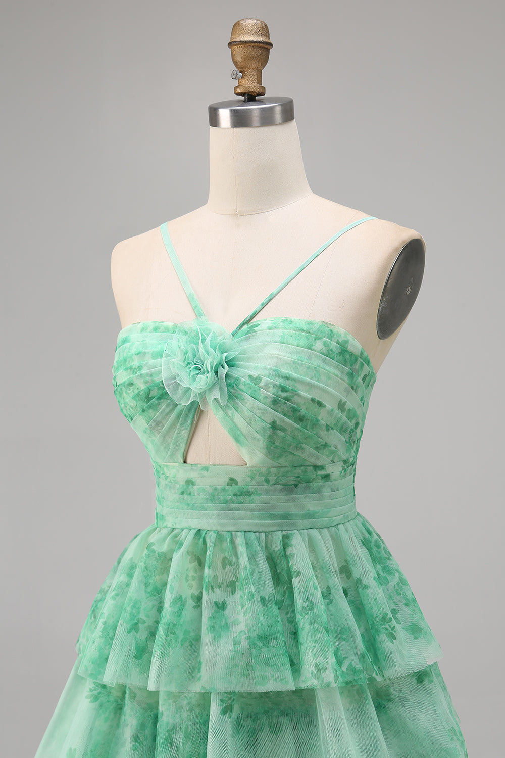 Green Floral Tiered Keyhole A Line Short Prom Dress