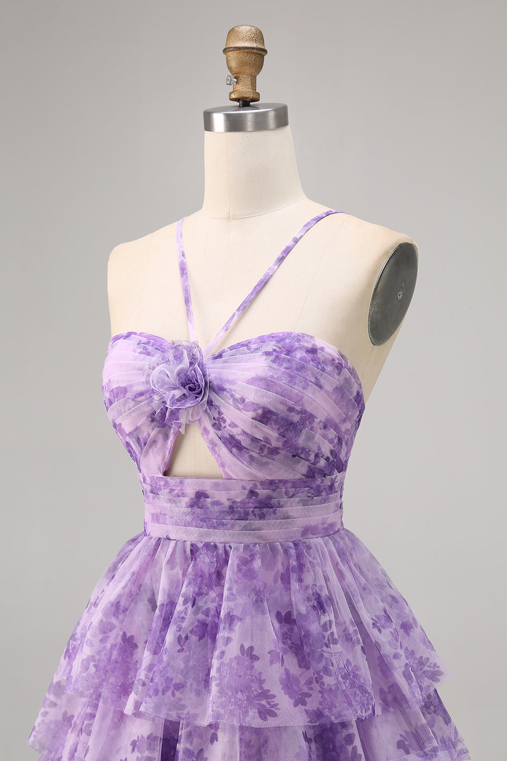 Purple A-line Spaghetti Straps Tiered Cut Out Floral Cocktail Dress