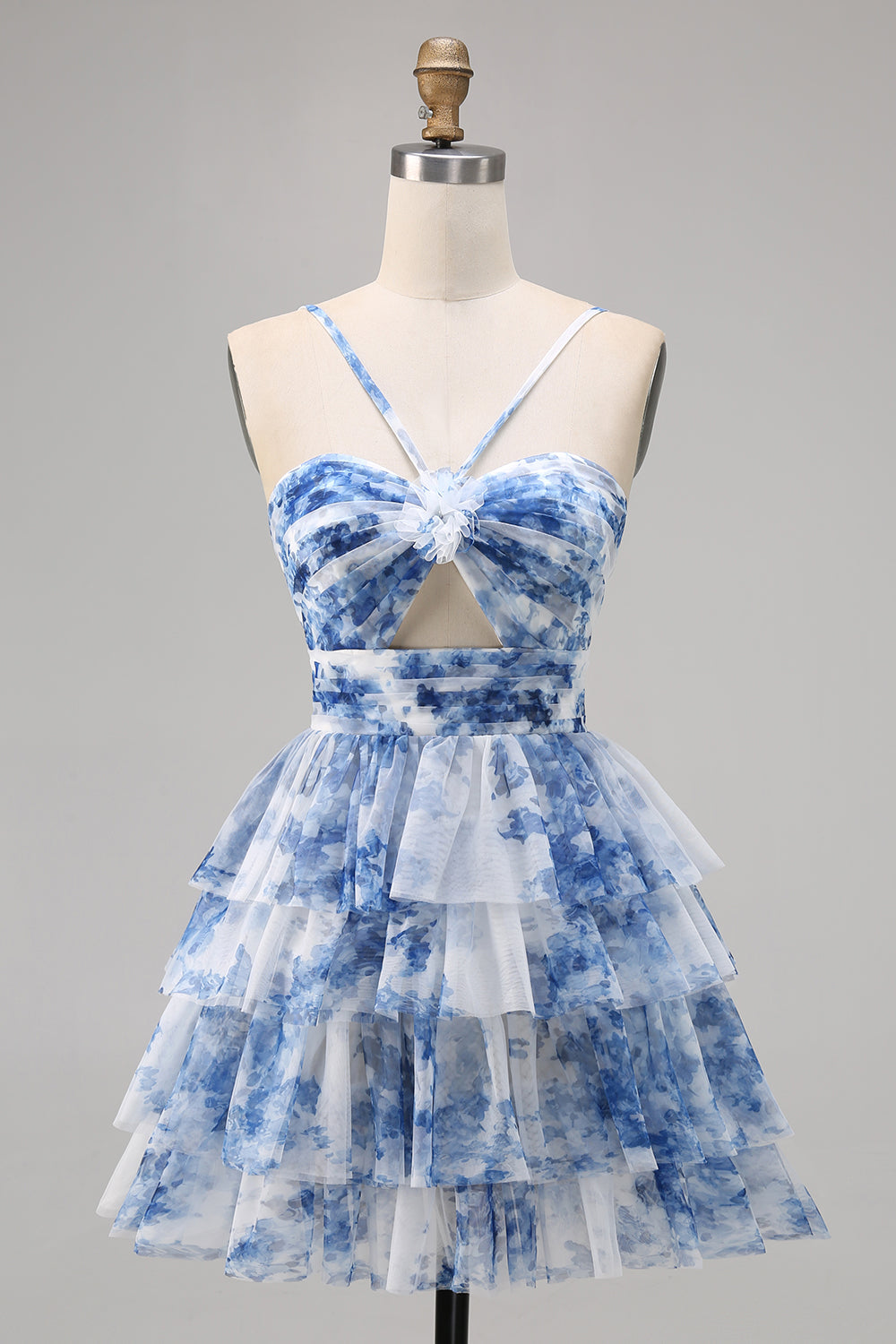 Green Floral Tiered Keyhole A Line Short Prom Dress