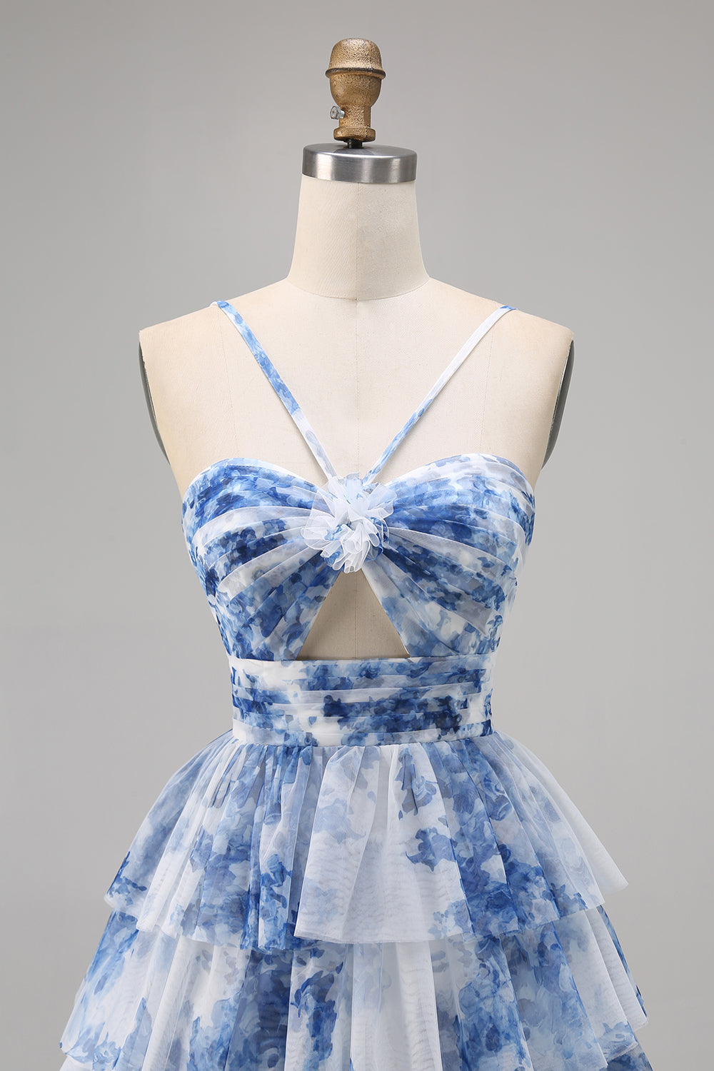 Purple A-line Spaghetti Straps Tiered Cut Out Floral Cocktail Dress