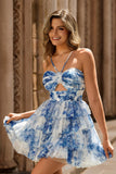 White Blue Flower Tiered Cut Out A-line Cocktail Dress