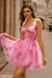 Pink Floral A-Line Spaghetti Straps Corset Cocktail Dress