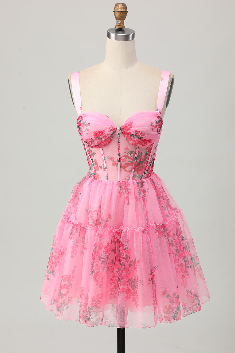 Pink Floral A-Line Spaghetti Straps Corset Cocktail Dress