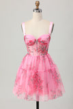 Pink Floral A-Line Spaghetti Straps Corset Cocktail Dress