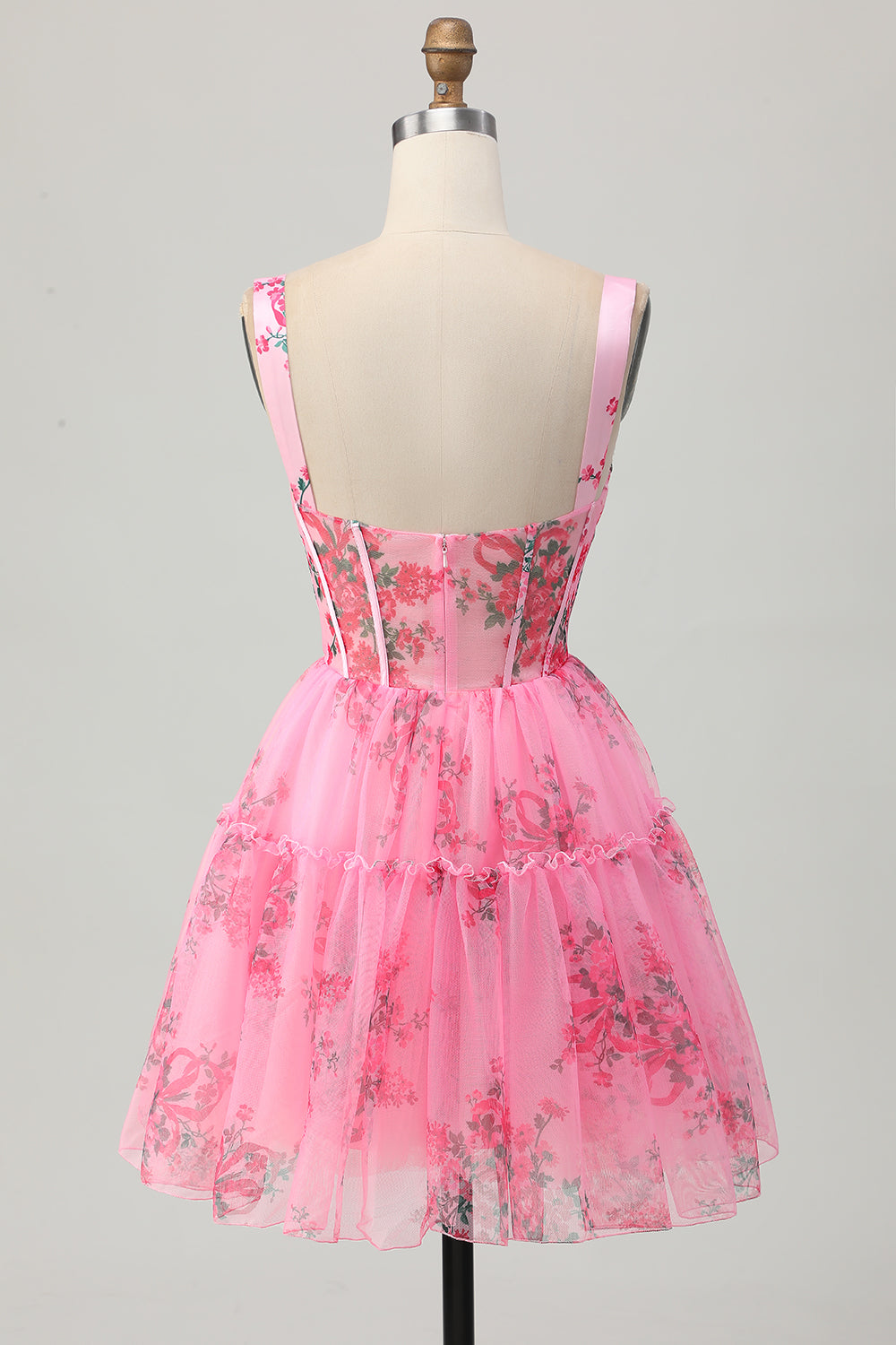 Pink Floral A-Line Spaghetti Straps Corset Cocktail Dress